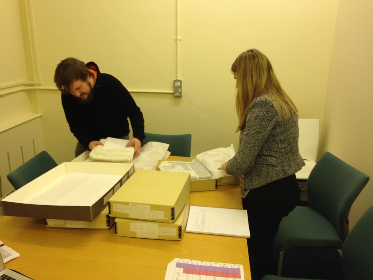 Reviewing David Livingstone Centre manuscripts currently being digitized by the GU Photographic Unit: (from left) Jamie Dunn and India Fullarton 