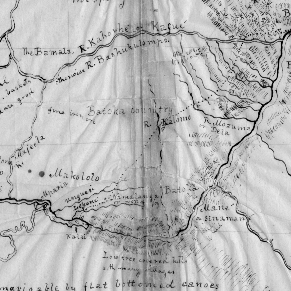 Livingstone, David, 1813-1873. Map of Central Africa from Kuanabare River, Angola to Tete, Mosambique, [1855-1856?], detail. Images copyright National Library of South Africa, Cape Town Campus. Used by permission.