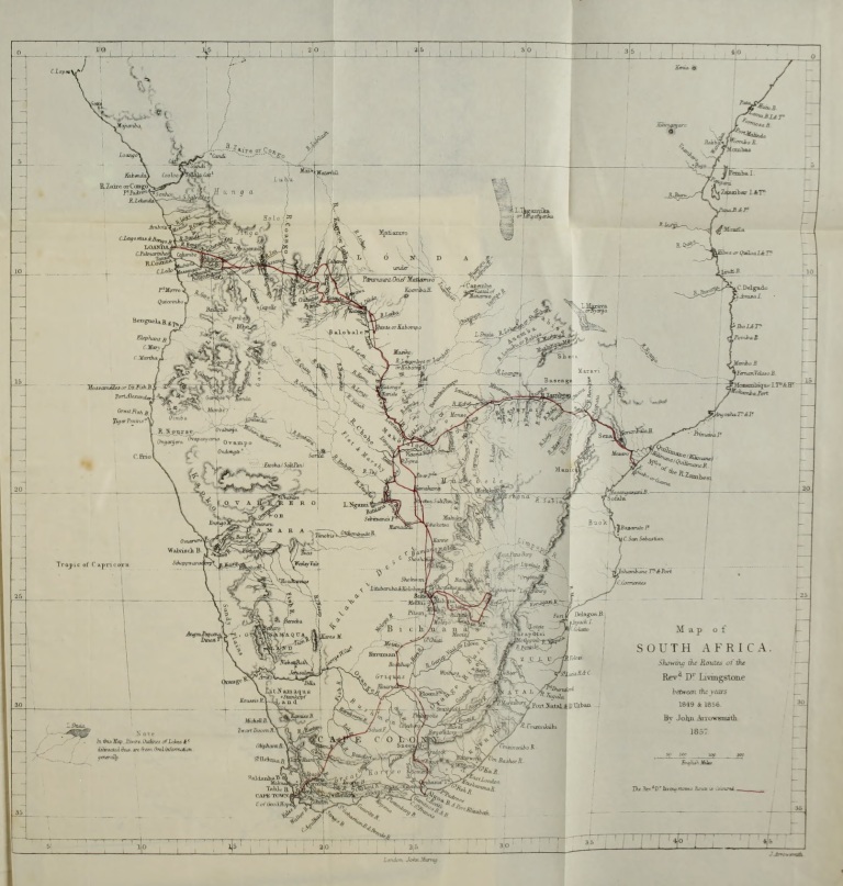 “Map of South Africa, Showing the Routes of the Revd. Dr. Livingstone between the years 1849 & 1856” by John Arrowsmith, published in Missionary Travels (Livingstone 1857:following 687). Public domain. Image courtesy of Internet Archive (https://archive.org/index.php). This map traces Livingstone’s route during his transcontinental expedition (1852-56). Livingstone undertook this journey in collaboration with the Makololo people of south-central Africa, who provided him with supplies and logistical support.